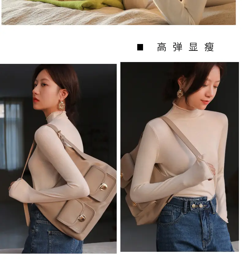 Women Knitted Half-High Collar T-Shirt White Winter — feature 19