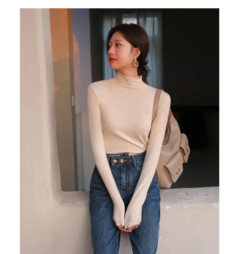Women Knitted Half-High Collar T-Shirt White Winter — feature 20