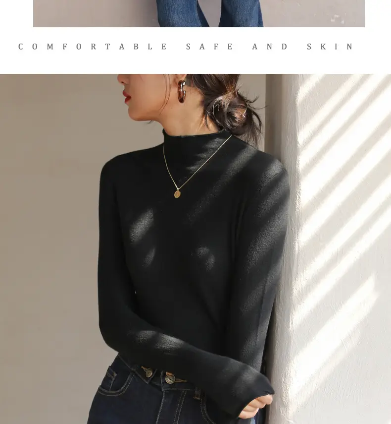 Women Knitted Half-High Collar T-Shirt White Winter — feature 21