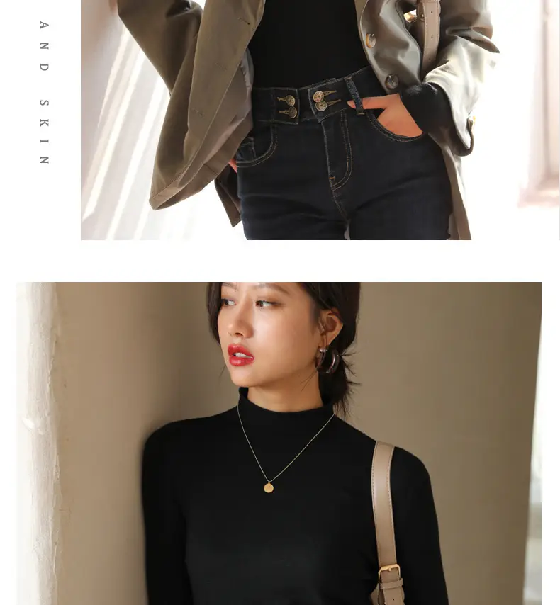 Women Knitted Half-High Collar T-Shirt White Winter — feature 23