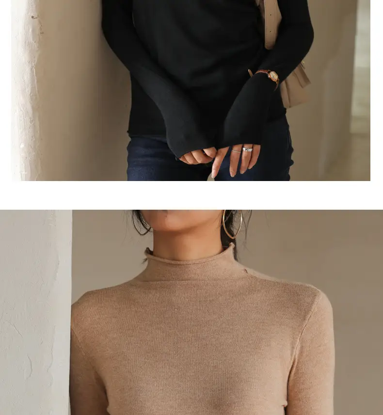 Women Knitted Half-High Collar T-Shirt White Winter — feature 24