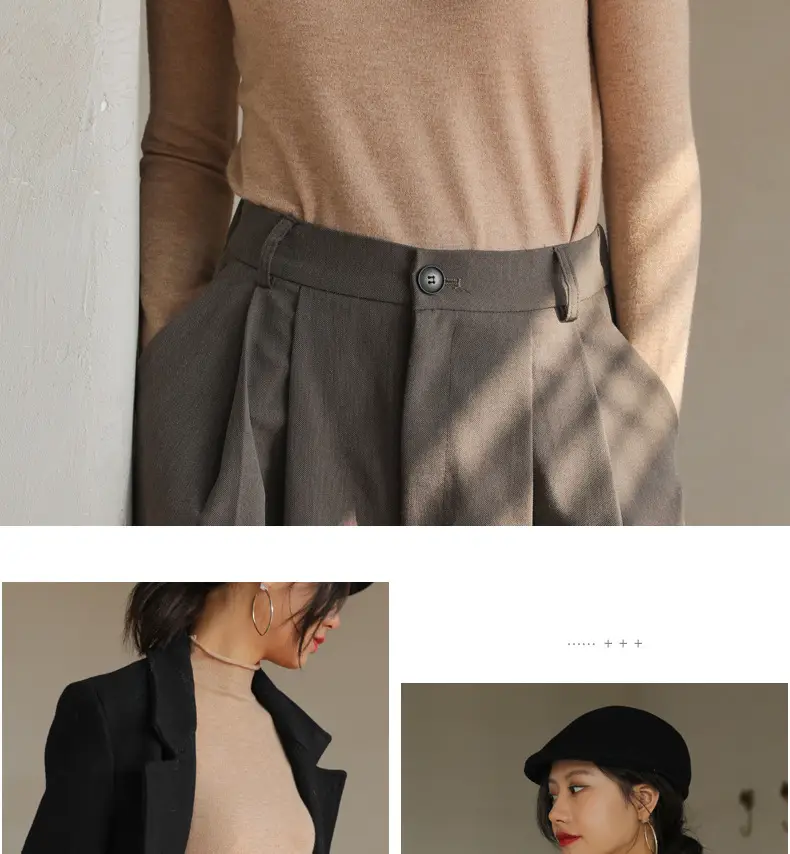 Women Knitted Half-High Collar T-Shirt White Winter — feature 25