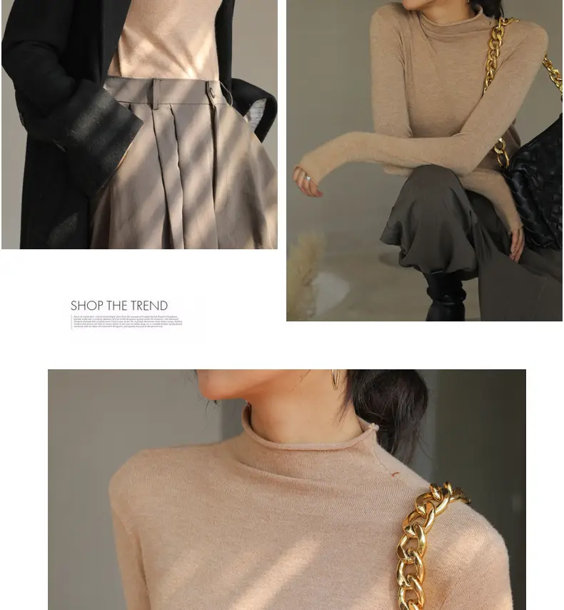 Women Knitted Half-High Collar T-Shirt White Winter — feature 26