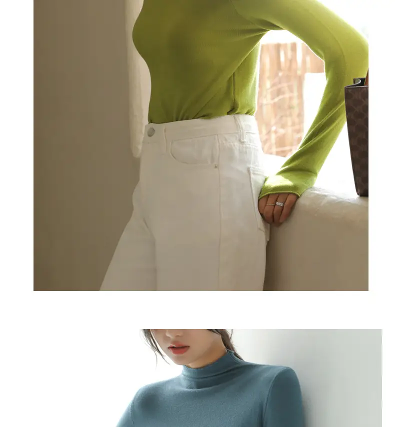 Women Knitted Half-High Collar T-Shirt White Winter — feature 29