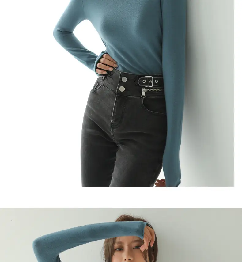 Women Knitted Half-High Collar T-Shirt White Winter — feature 30