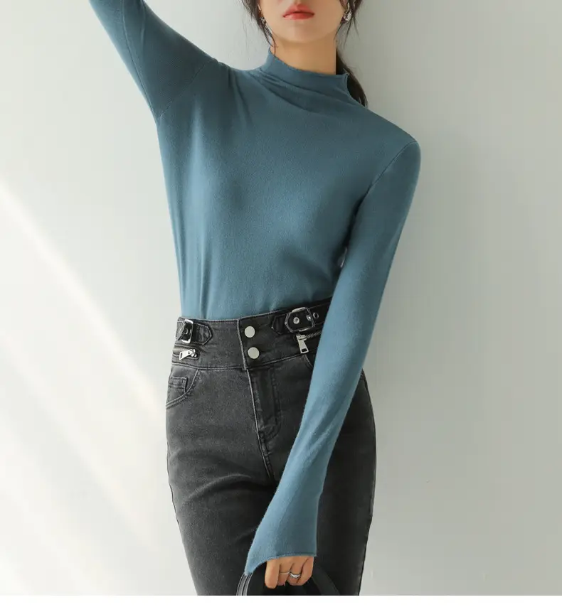 Women Knitted Half-High Collar T-Shirt White Winter — feature 31