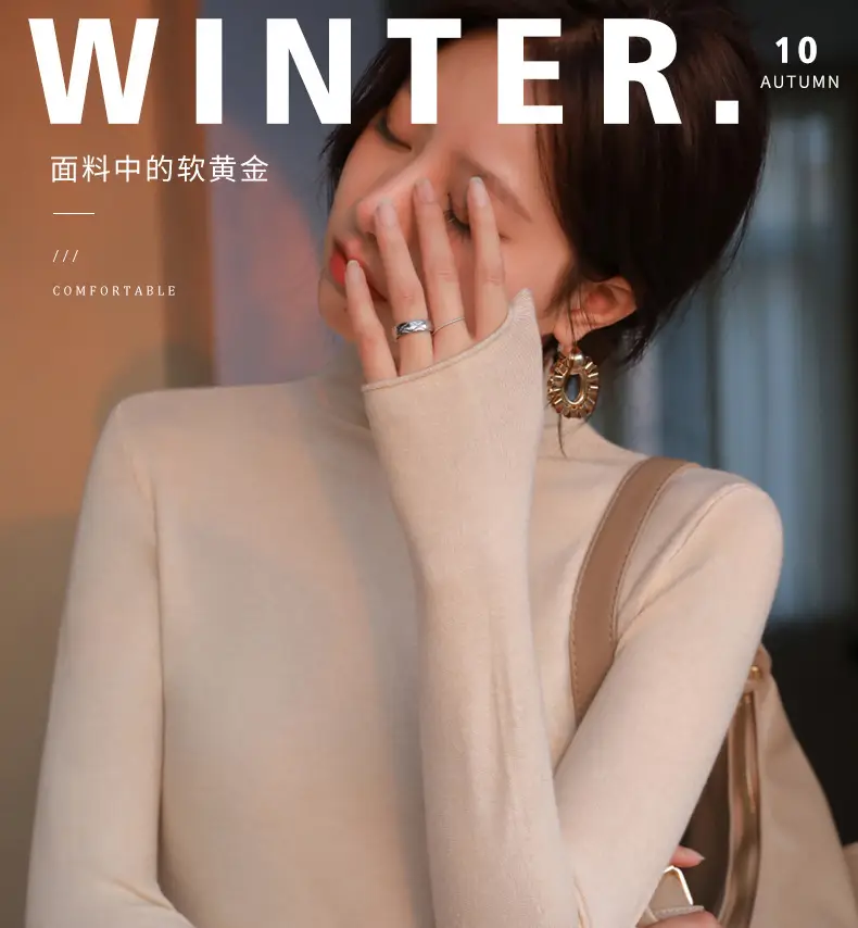 Women Knitted Half-High Collar T-Shirt White Winter — feature 4