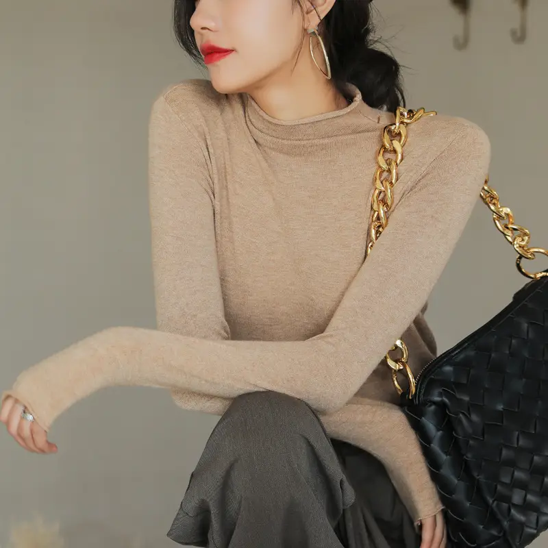 Women Knitted Half-High Collar T-Shirt White Winter - Image 2