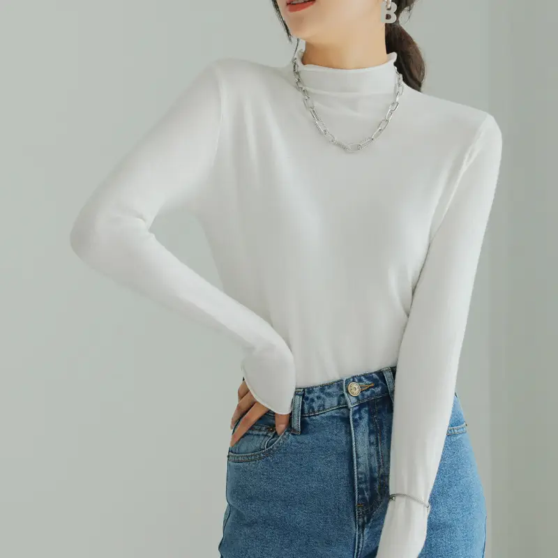 Women Knitted Half-High Collar T-Shirt White Winter - Image 3