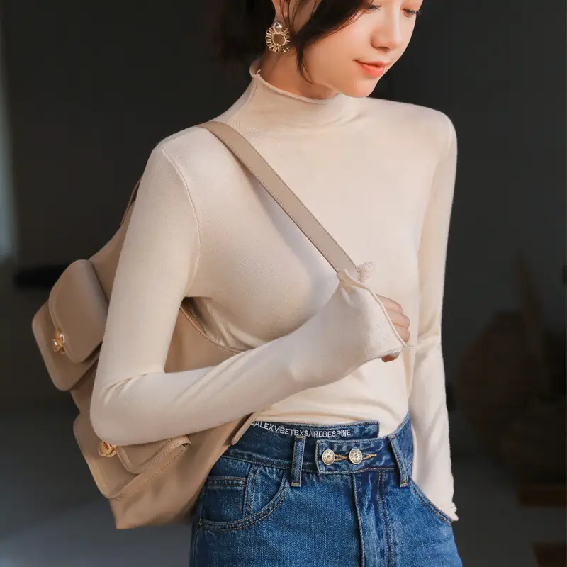 Women Knitted Half-High Collar T-Shirt White Winter - Image 4