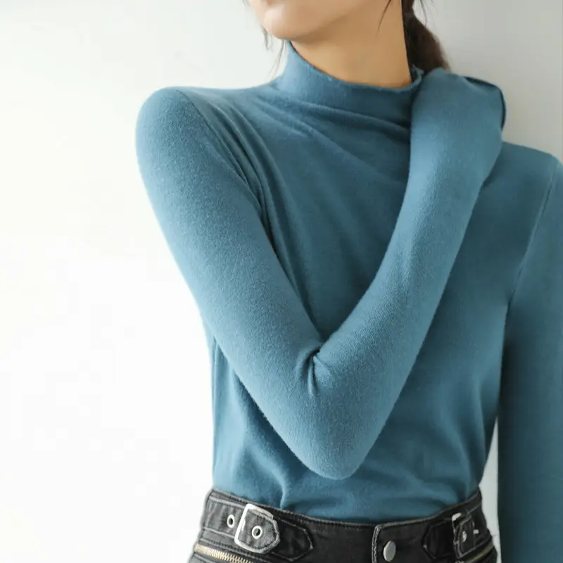 Women Knitted Half-High Collar T-Shirt White Winter - Image 5