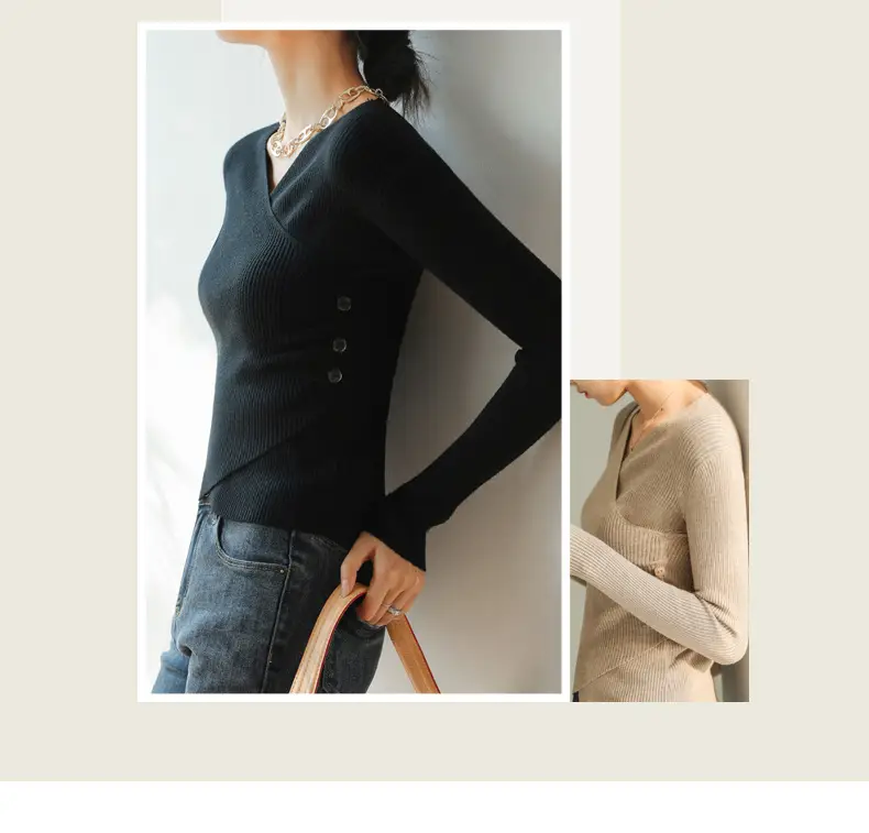 White V Neck Long Sleeve Knit Shirt for Women — feature 10
