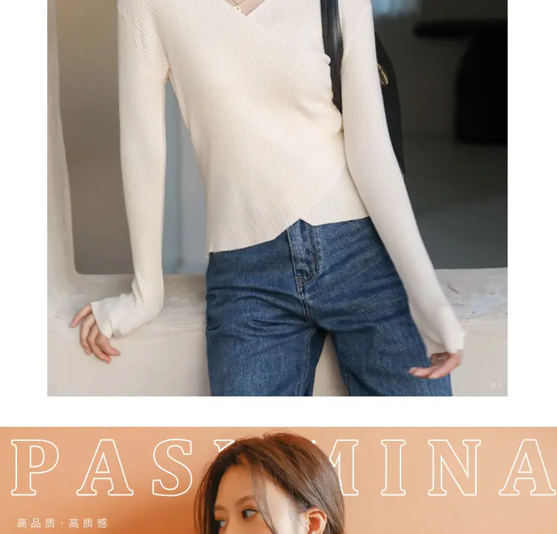White V Neck Long Sleeve Knit Shirt for Women — feature 12