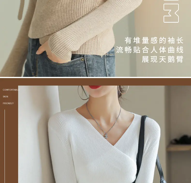 White V Neck Long Sleeve Knit Shirt for Women — feature 15