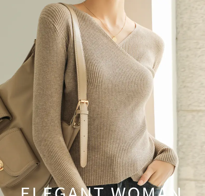 White V Neck Long Sleeve Knit Shirt for Women — feature 17