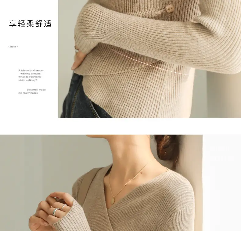 White V Neck Long Sleeve Knit Shirt for Women — feature 19