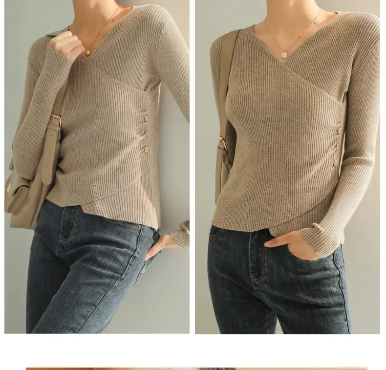 White V Neck Long Sleeve Knit Shirt for Women — feature 21