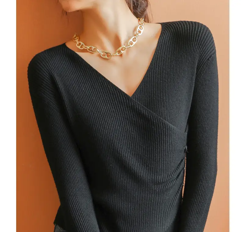 White V Neck Long Sleeve Knit Shirt for Women — feature 22