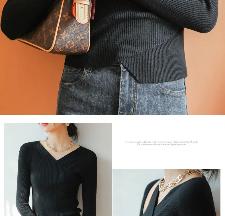 White V Neck Long Sleeve Knit Shirt for Women — feature 24