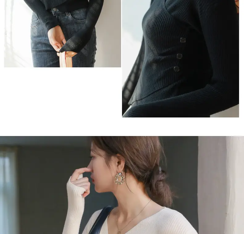 White V Neck Long Sleeve Knit Shirt for Women — feature 25