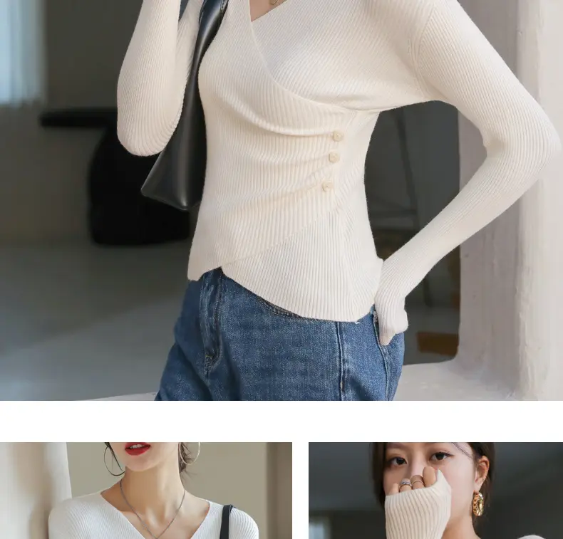 White V Neck Long Sleeve Knit Shirt for Women — feature 26