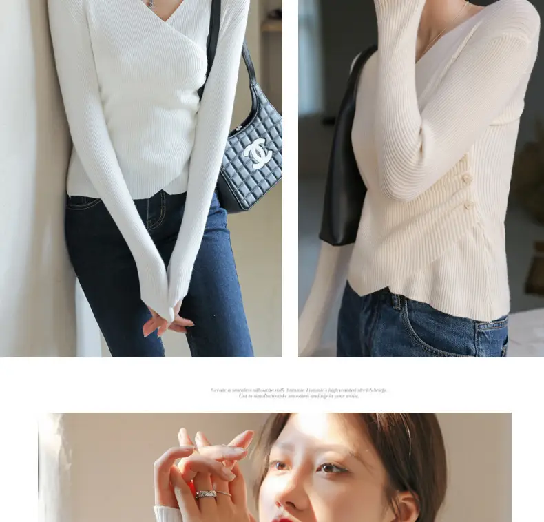 White V Neck Long Sleeve Knit Shirt for Women — feature 27