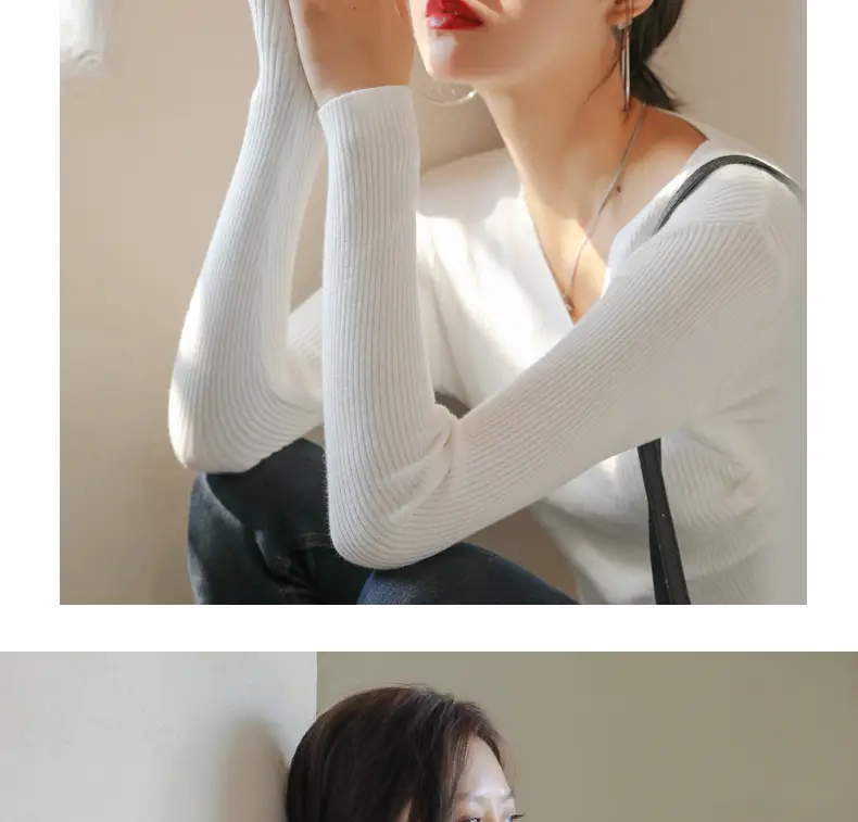 White V Neck Long Sleeve Knit Shirt for Women — feature 28