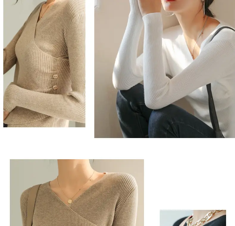 White V Neck Long Sleeve Knit Shirt for Women — feature 6
