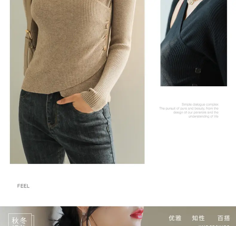 White V Neck Long Sleeve Knit Shirt for Women — feature 7