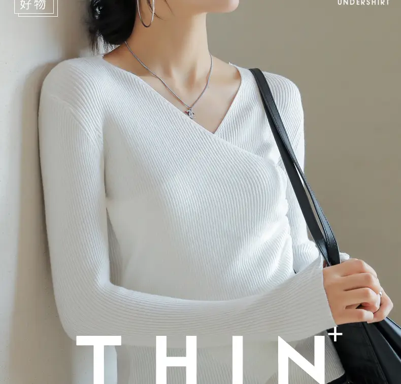 White V Neck Long Sleeve Knit Shirt for Women — feature 8