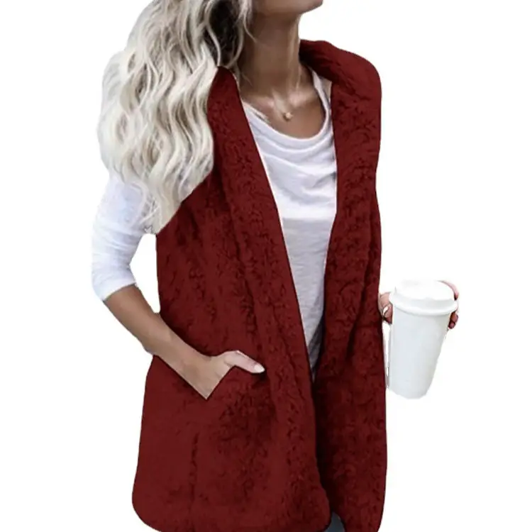 Women's Brown Fleece Sleeveless Vest with Hooded Pocket - Image 9