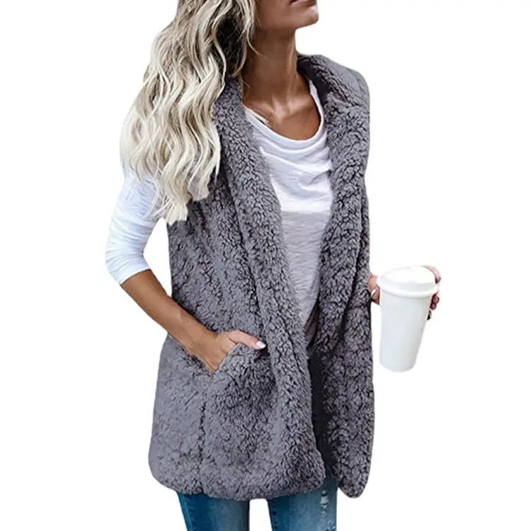 Women's Brown Fleece Sleeveless Vest with Hooded Pocket - Image 10