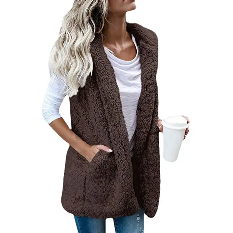 Women's Brown Fleece Sleeveless Vest with Hooded Pocket - Image 11