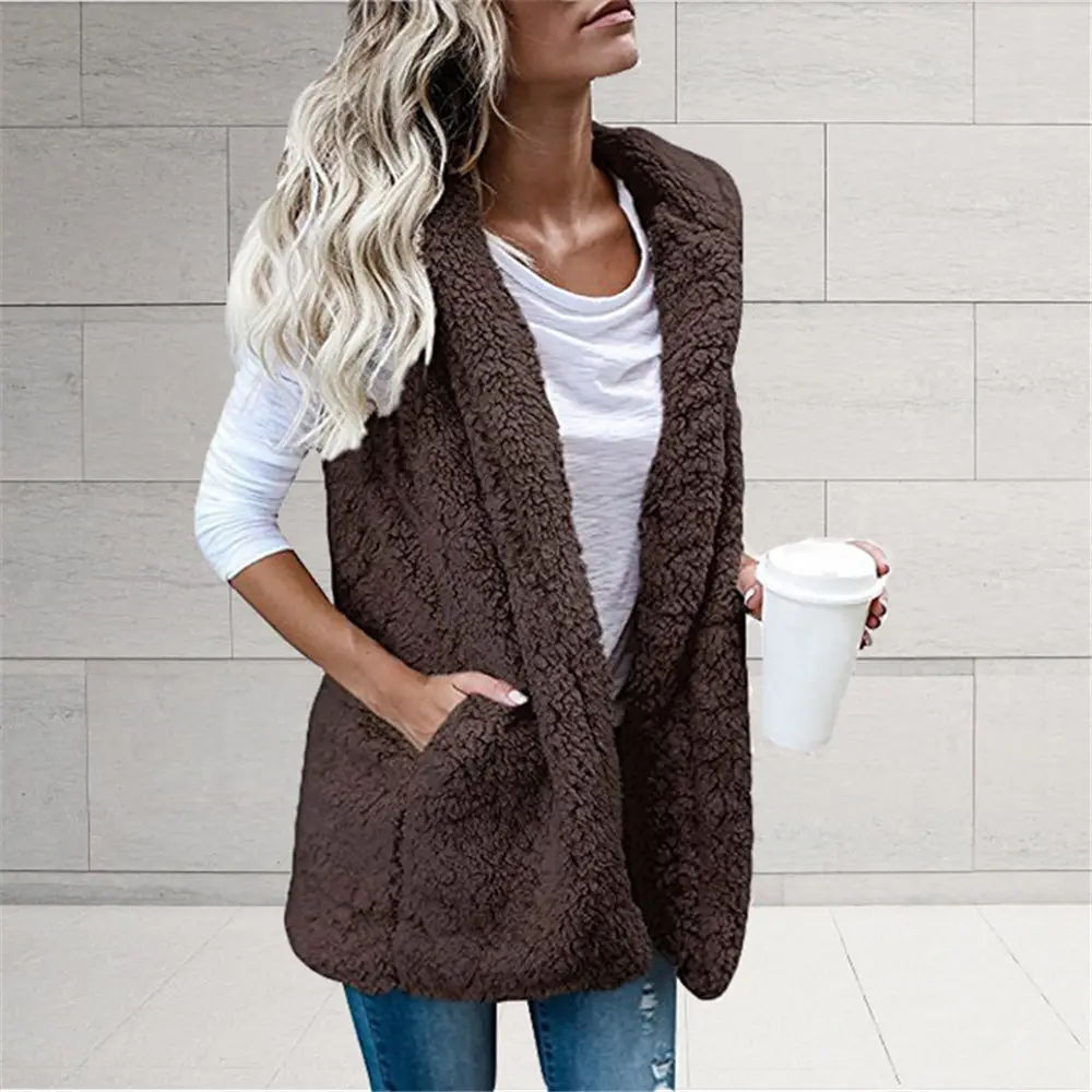 Women's Brown Fleece Sleeveless Vest with Hooded Pocket - Image 3