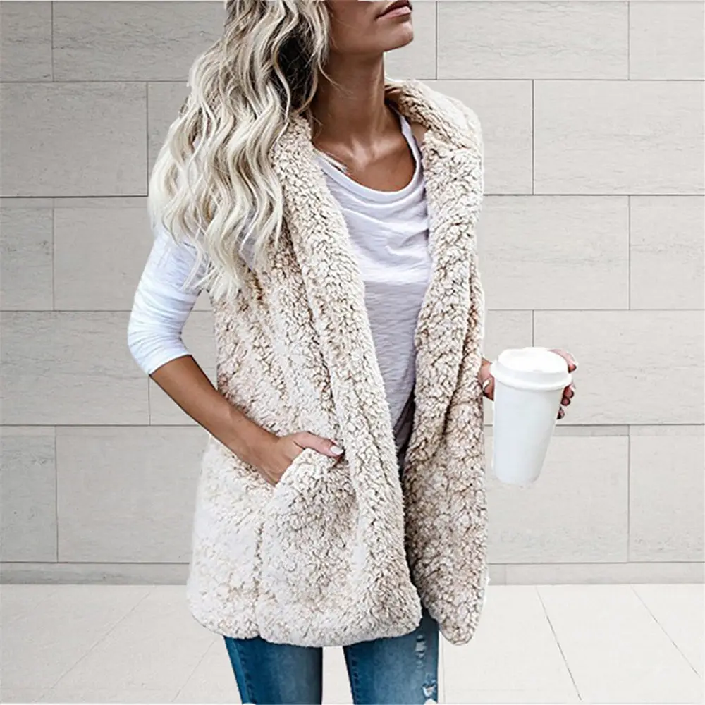 Women's Brown Fleece Sleeveless Vest with Hooded Pocket - Image 4