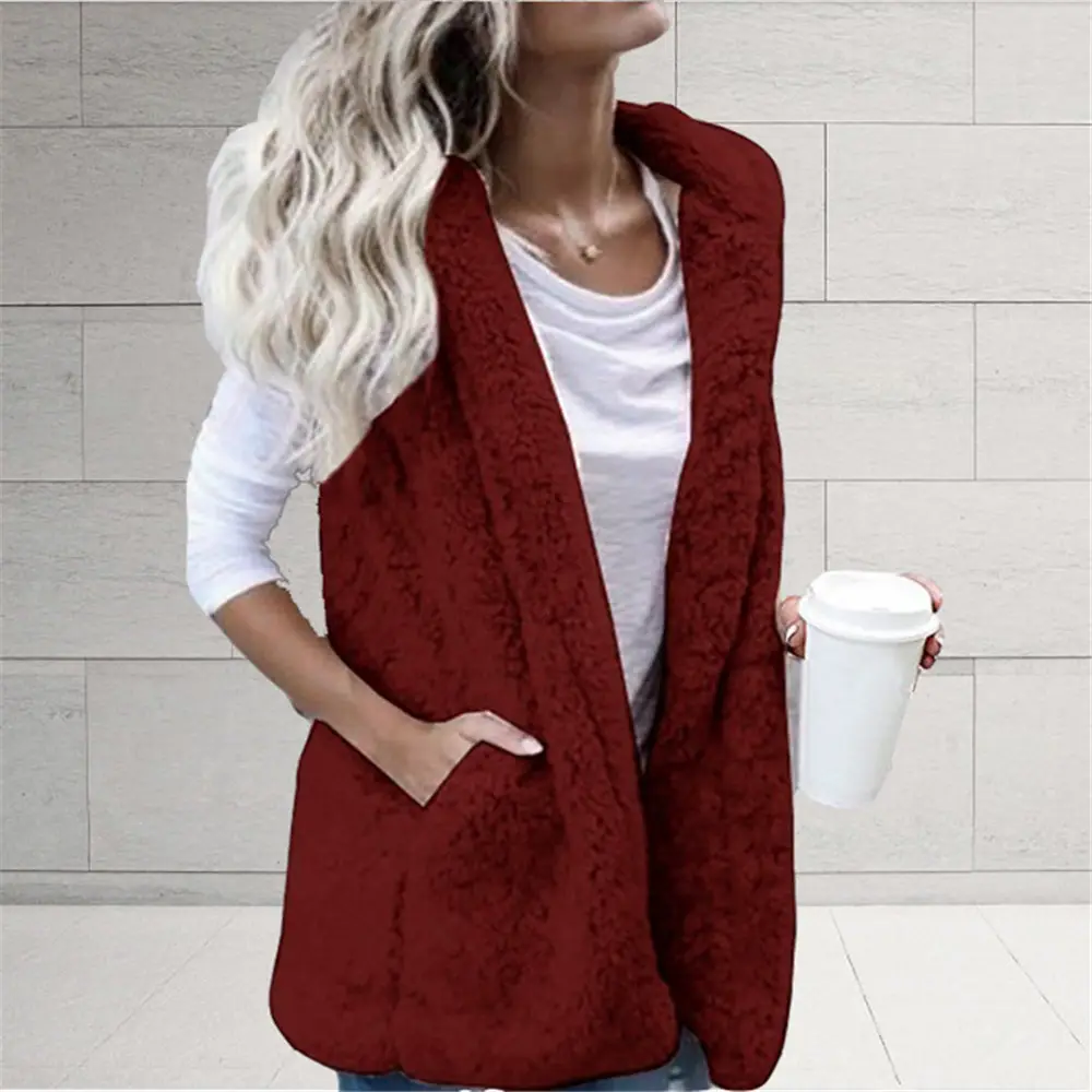 Women's Brown Fleece Sleeveless Vest with Hooded Pocket - Image 5