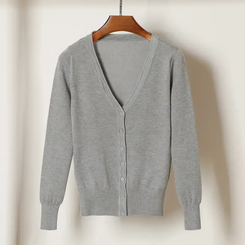 Women V-Neck Knit Cardigan Black Long Sleeve - Image 10