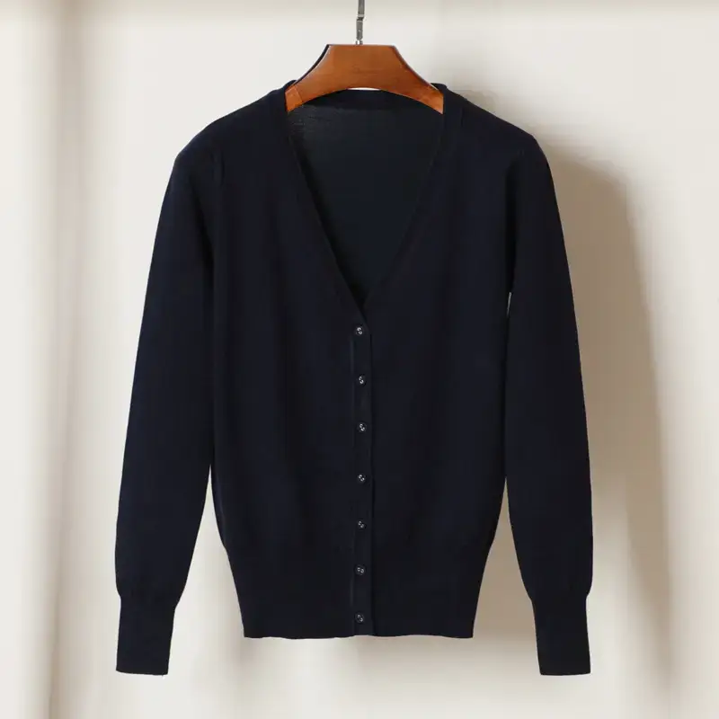 Women V-Neck Knit Cardigan Black Long Sleeve - Image 12