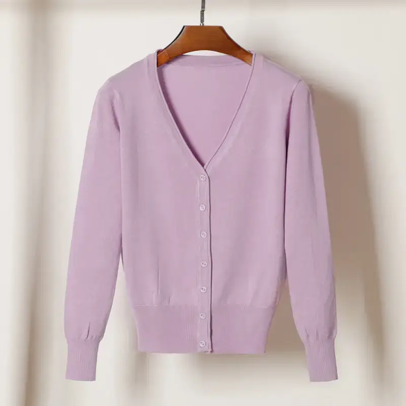 Women V-Neck Knit Cardigan Black Long Sleeve - Image 16