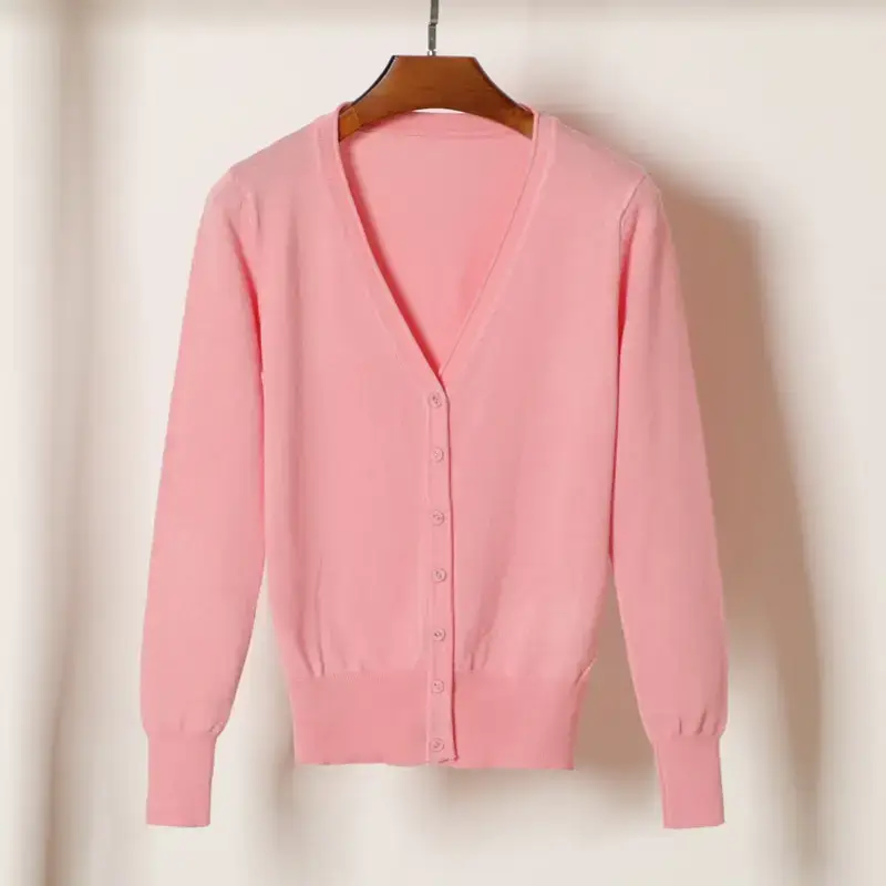 Women V-Neck Knit Cardigan Black Long Sleeve - Image 2