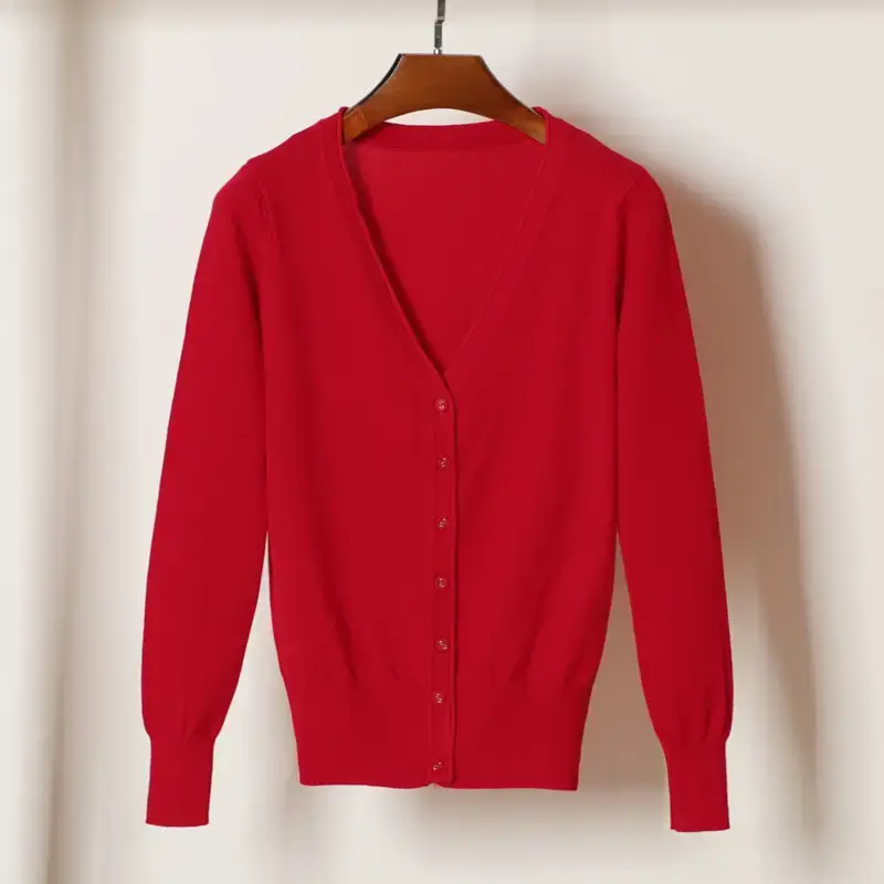 Women V-Neck Knit Cardigan Black Long Sleeve - Image 3