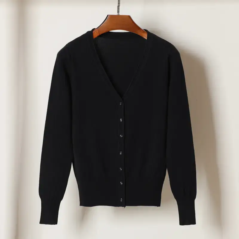 Women V-Neck Knit Cardigan Black Long Sleeve - Image 5