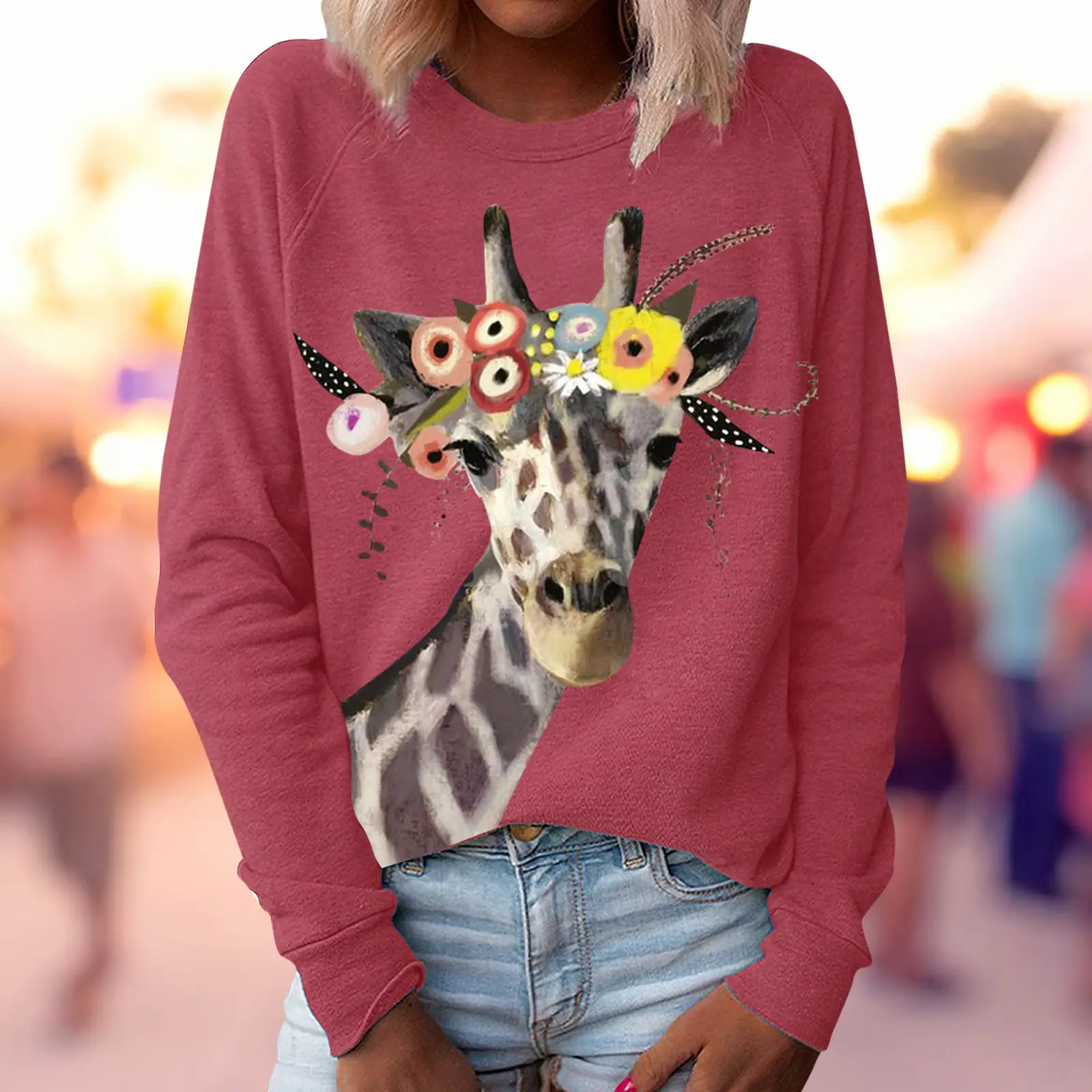 Green Giraffe Printed Sweatshirt for Women Long Sleeve - Image 8