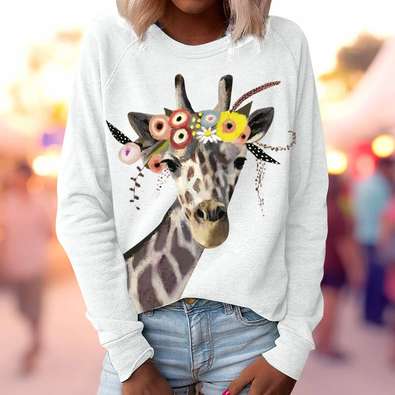 Green Giraffe Printed Sweatshirt for Women Long Sleeve - Image 9