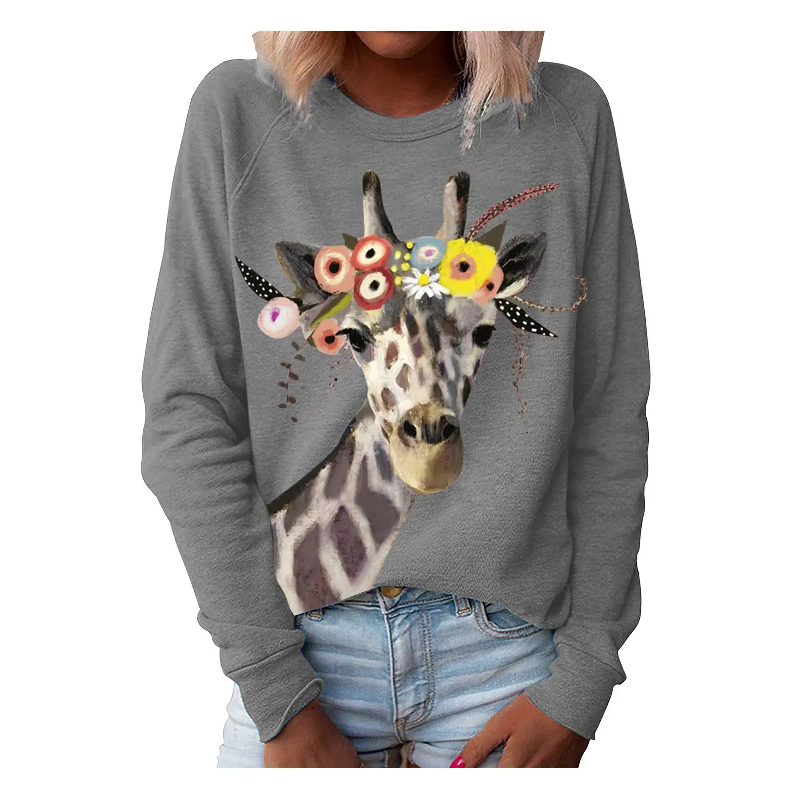 Green Giraffe Printed Sweatshirt for Women Long Sleeve - Image 2