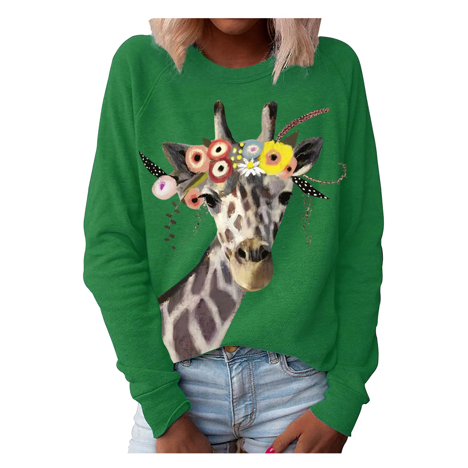Green Giraffe Printed Sweatshirt for Women Long Sleeve - Image 3