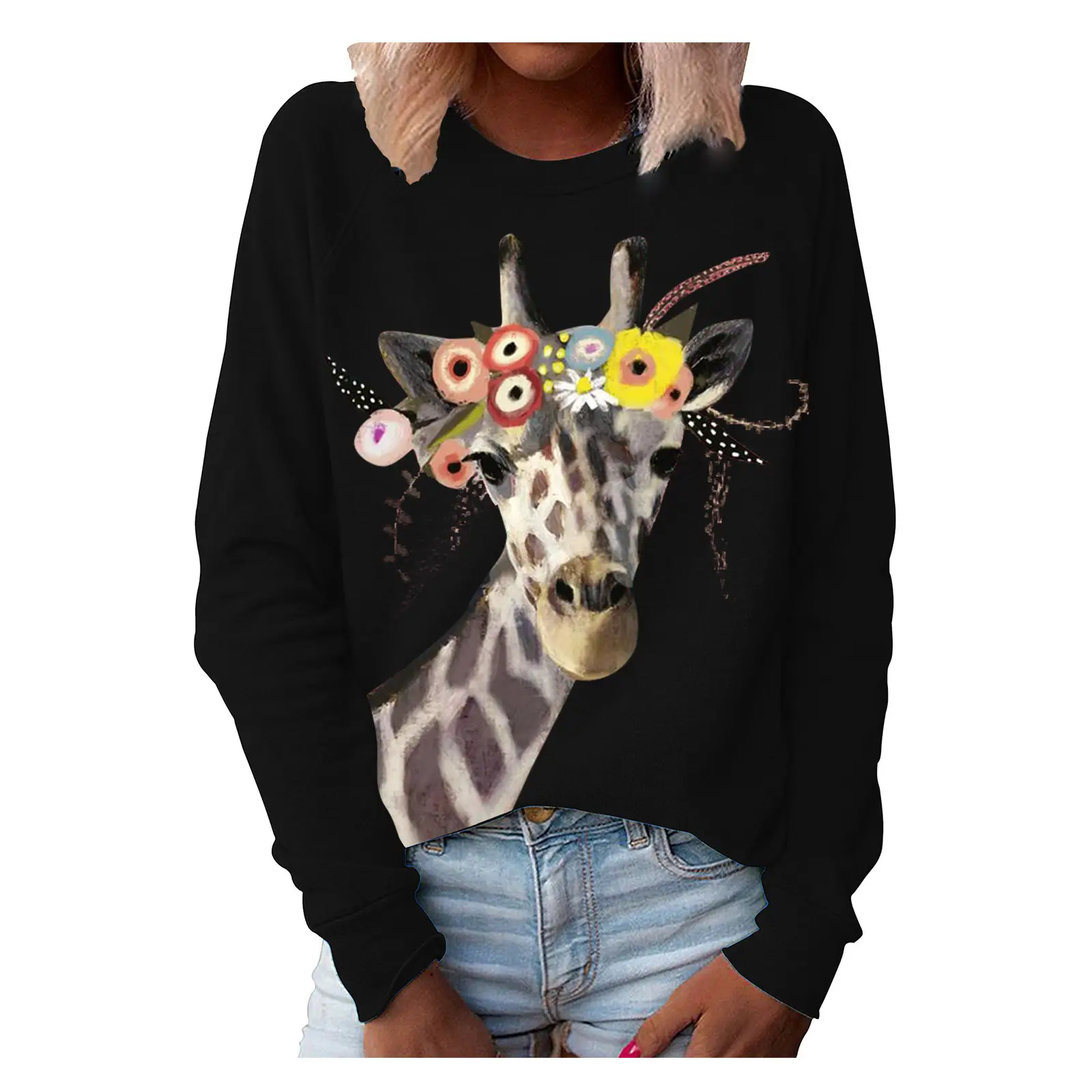 Green Giraffe Printed Sweatshirt for Women Long Sleeve - Image 4