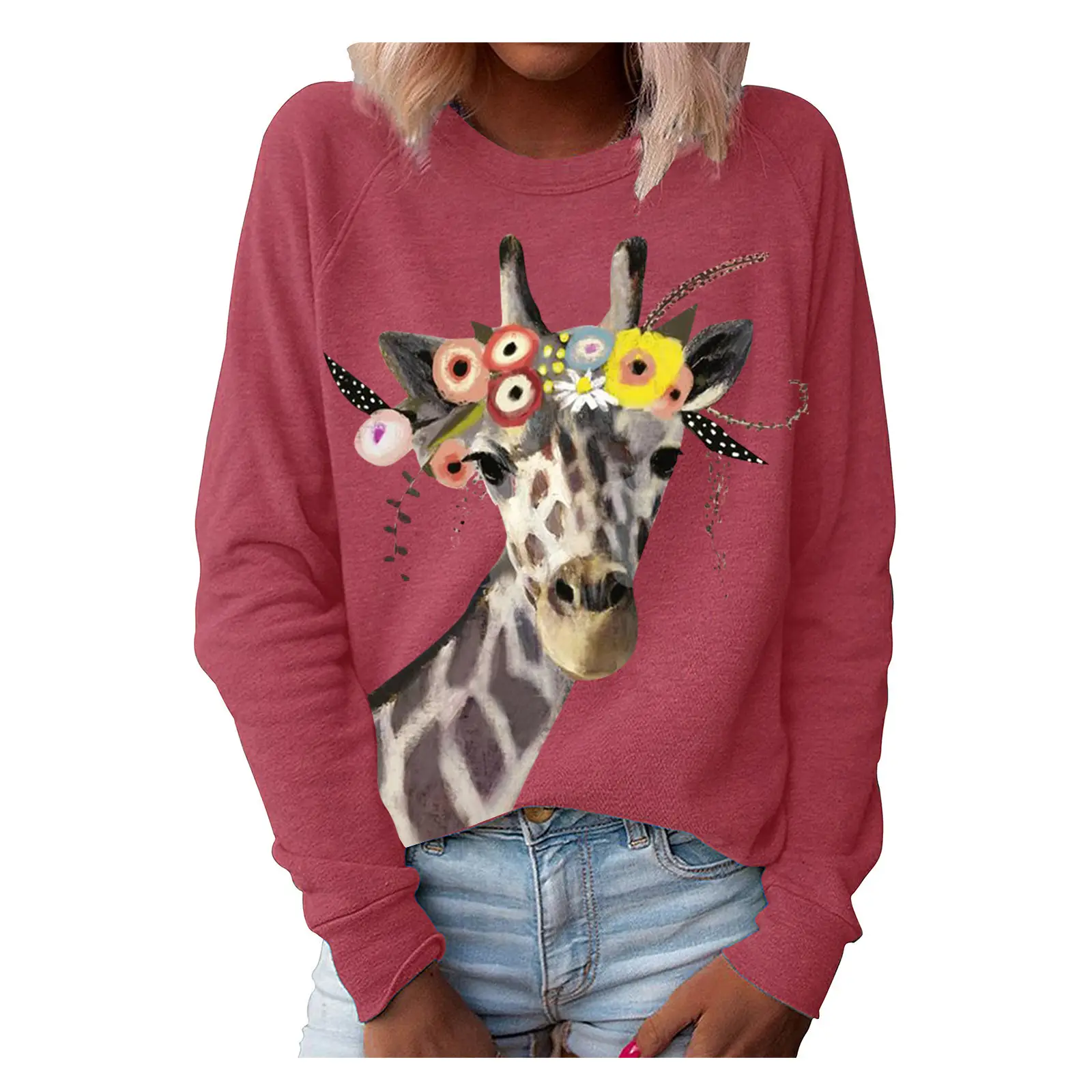 Green Giraffe Printed Sweatshirt for Women Long Sleeve - Image 5