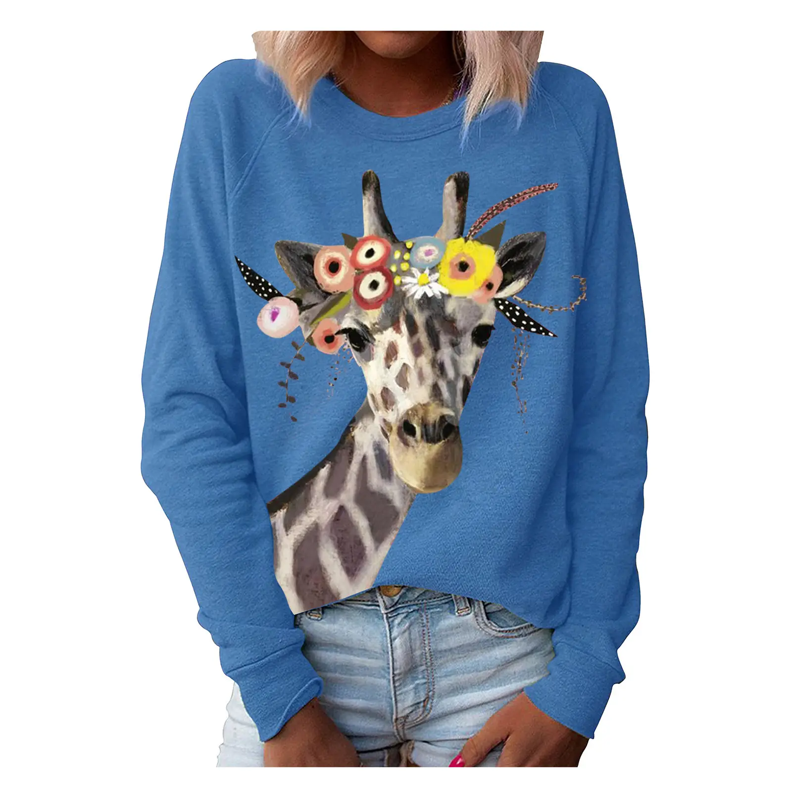 Green Giraffe Printed Sweatshirt for Women Long Sleeve - Image 6