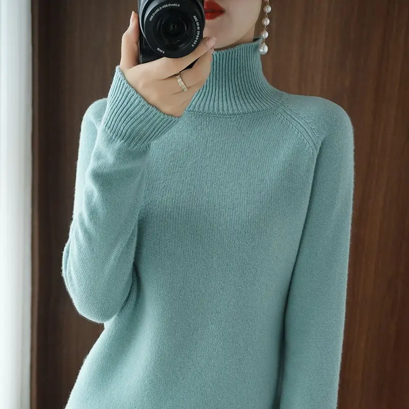 Women High Collar Wool Knit Sweater Large Beige - Image 14